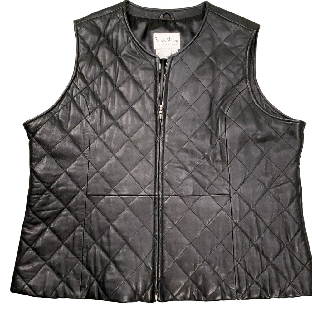 Pamela McCoy Leather Vest Women 2X Black Diamond Quilted Moto Buttery Soft Zip